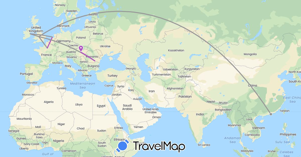 TravelMap itinerary: plane, train in China, France, United Kingdom, Hungary, Ireland, Netherlands, Romania (Asia, Europe)